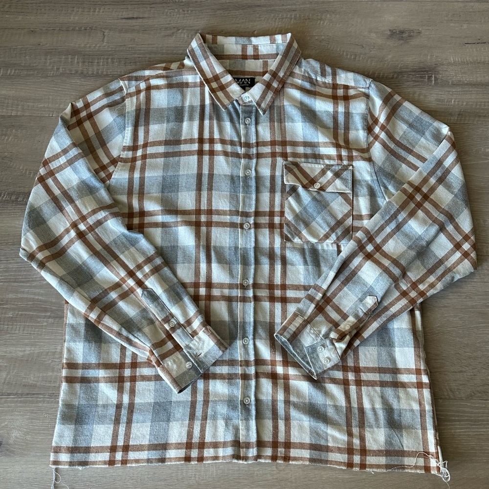 Beige Orange Flannel Plaid Button-Up Shirt XXL